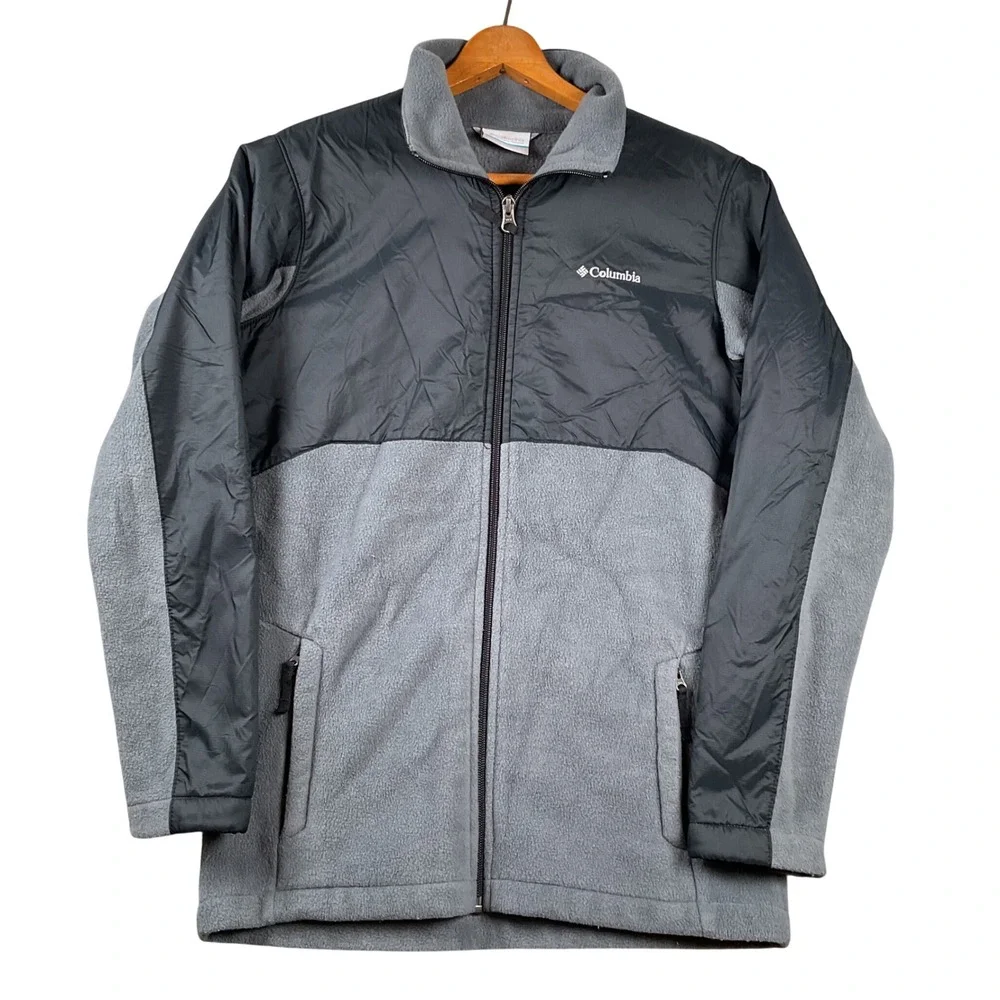 Columbia Fleece Jacket Boys Large Gray Black Full Zip Ripstop Hybrid Overlay